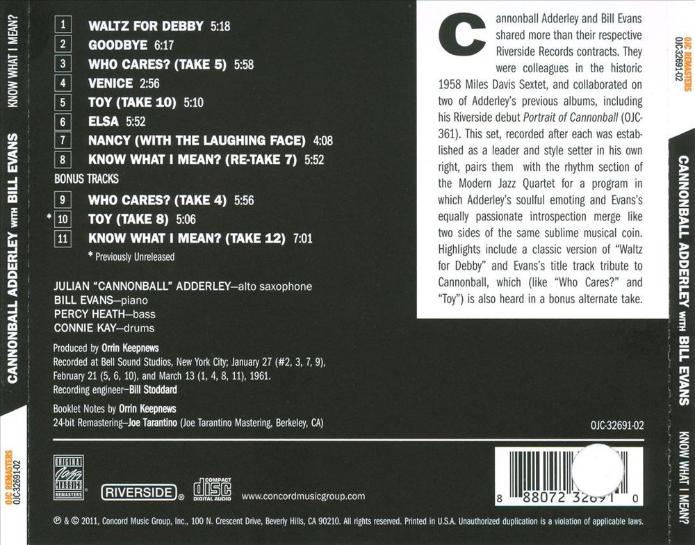 CANNONBALL ADDERLEY / BILL EVANS KNOW WHAT I MEAN? NEW CD