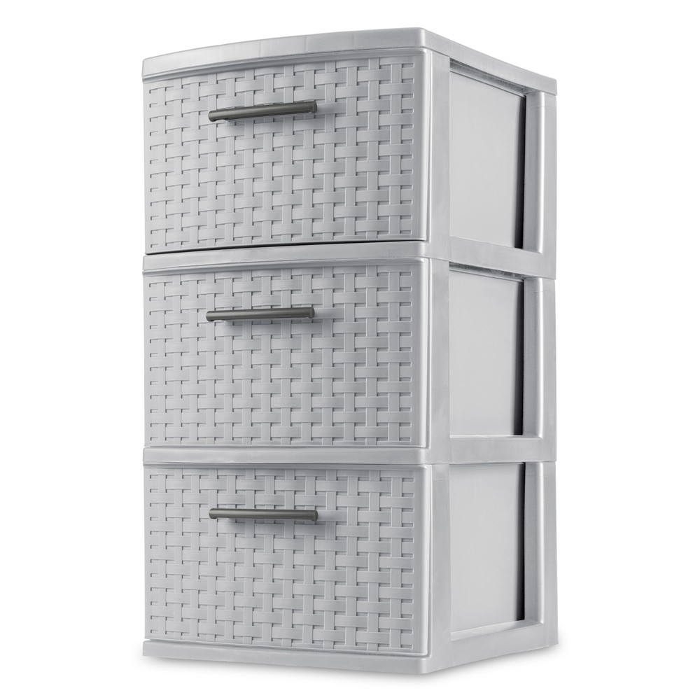 Slim Plastic Weave 3 Drawer Tower with Pull Handles for Storage