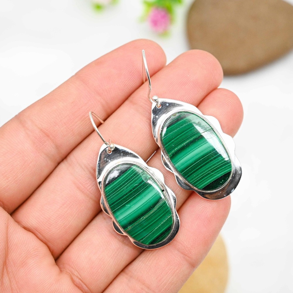 Natural Malachite Gemstone Earrings in 925 Sterling Silver Handmade Jewelry Gift for Women