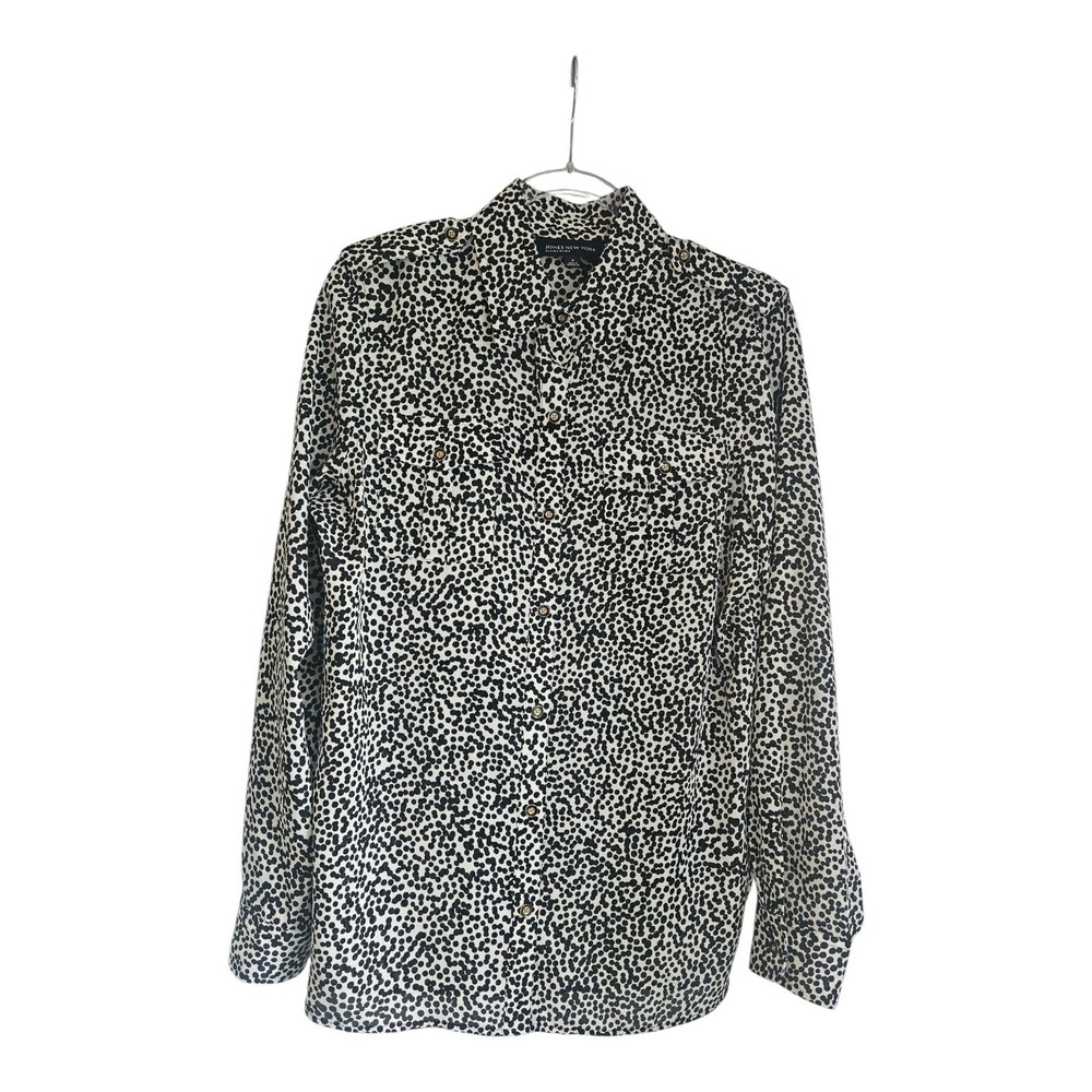 Jones New York Signature Womens M Blouse Epaulette Dots Roll Tab Black White