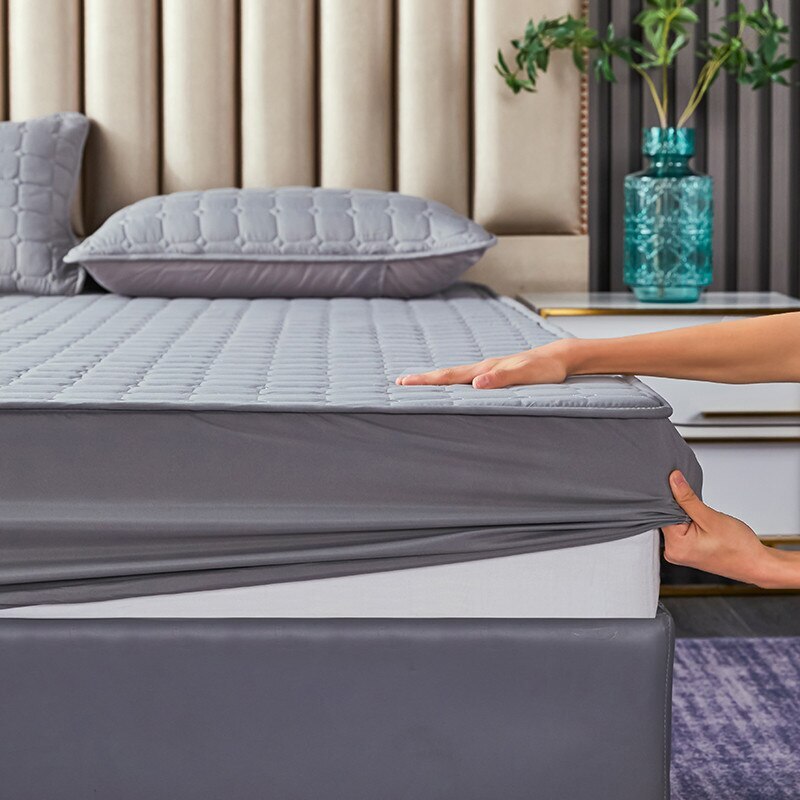 1piece Solid Colour Thick Quilted Bed Sheets Adjustable Elastic Mattress Cover