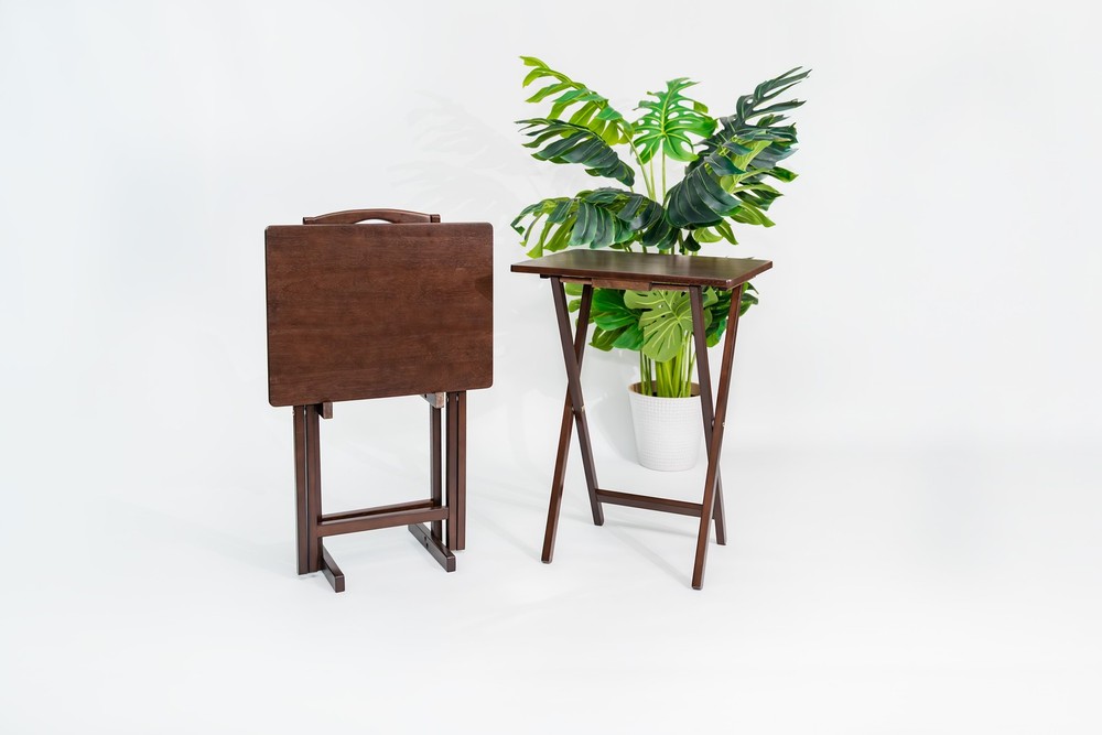 3PC Set: 2PC Folding Tray Tables with 1PC Storage Rack Set Walnut