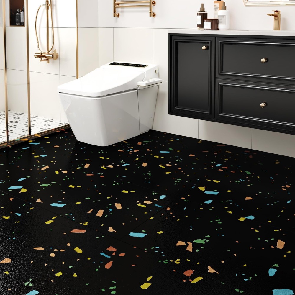 20 Waterproof Black Terrazzo Peel and Stick Floor Tiles 20-Pack