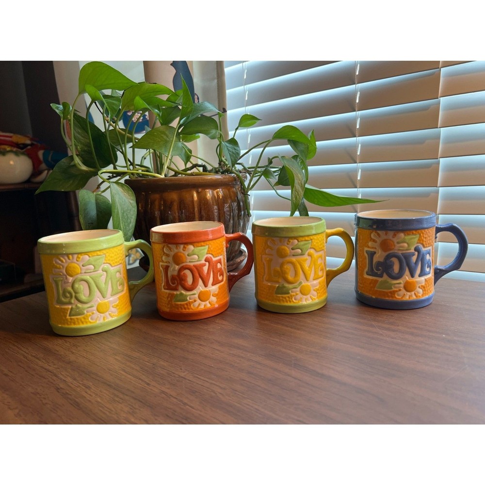 Vintage 1976 LOVE mugs set of 4 retro 70s hippie flower power ceramic steins