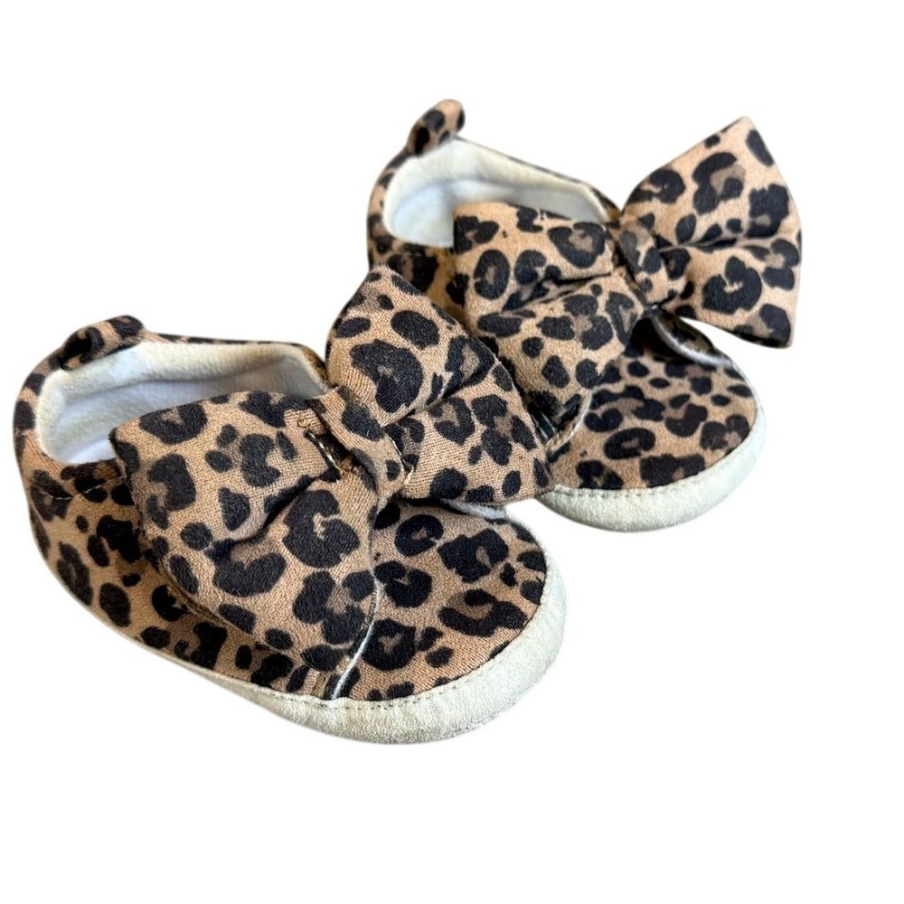 Baby Girl Soft Sole Shoes Cheetah Leopard Animal Print Bows Booties 9-12 Months