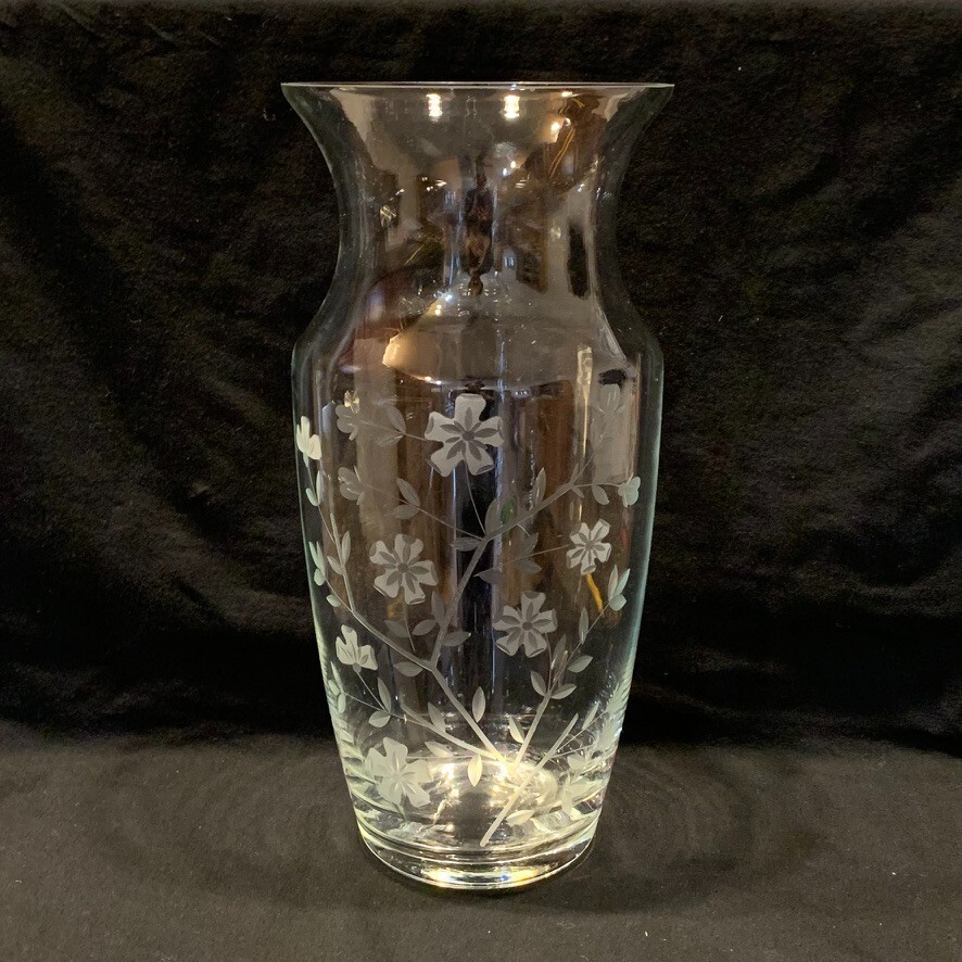 Vintage Large Floral Cut Glass Etched Vase