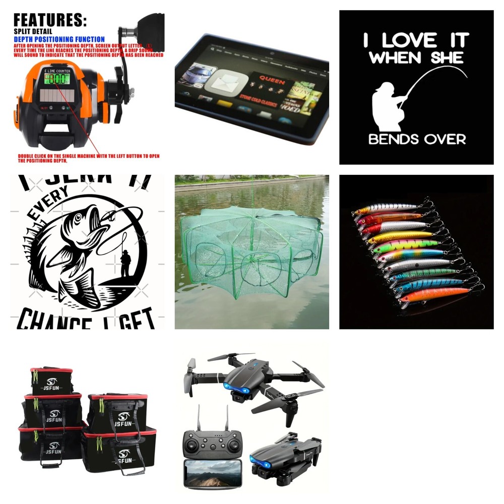 FISHING BUNDLE! ELECTRIC REEL, TRAP, FISH SAVER, SHIRT\HAT, KINDLE, DRONE + MORE