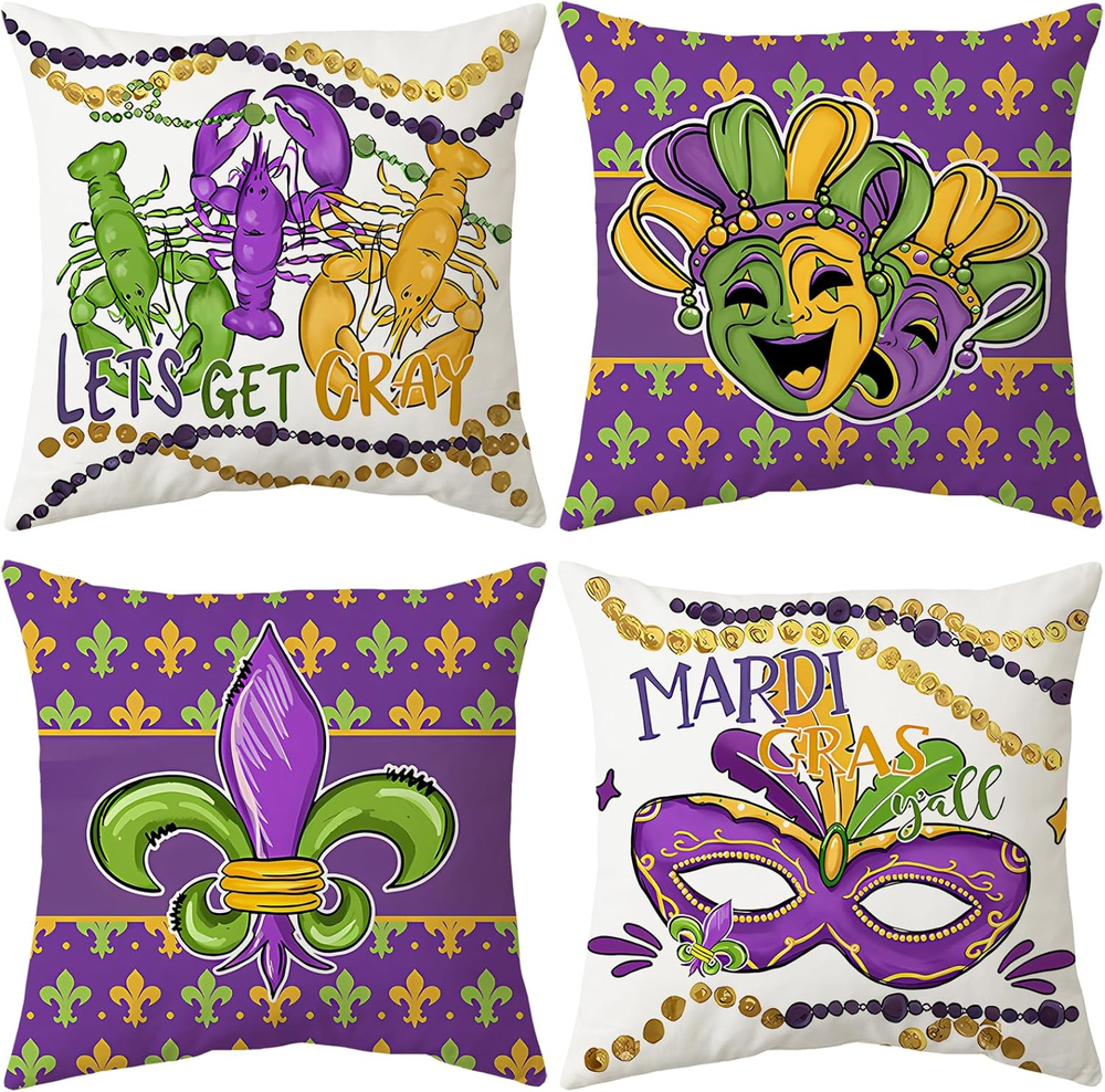 Mardi Gras 18×18 Pillow Covers Set of 4 Fleur De Lis Jester Hats Beads Design