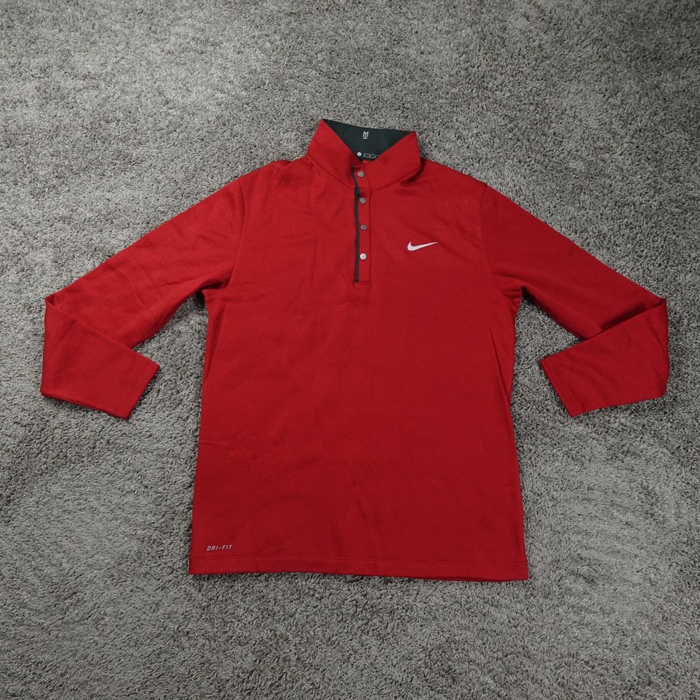 Nike Tiger Woods Shirt Mens Medium Red Dri-Fit Long Sleeve Golf Pullover Top