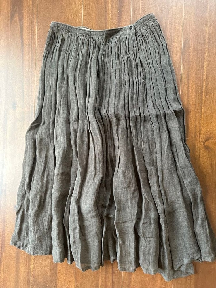 Pas de Calais 100% Linen Dark Gray Pleated Long Skirt Button Waist Size M New