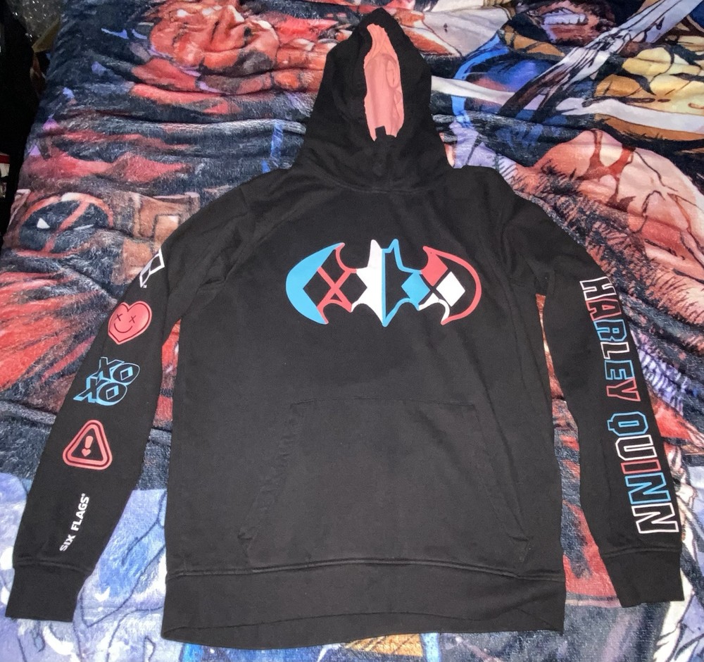 Six Flags DC Batman Harley Quinn Womens Hoodie Black Pink Blue White Logo Size M  