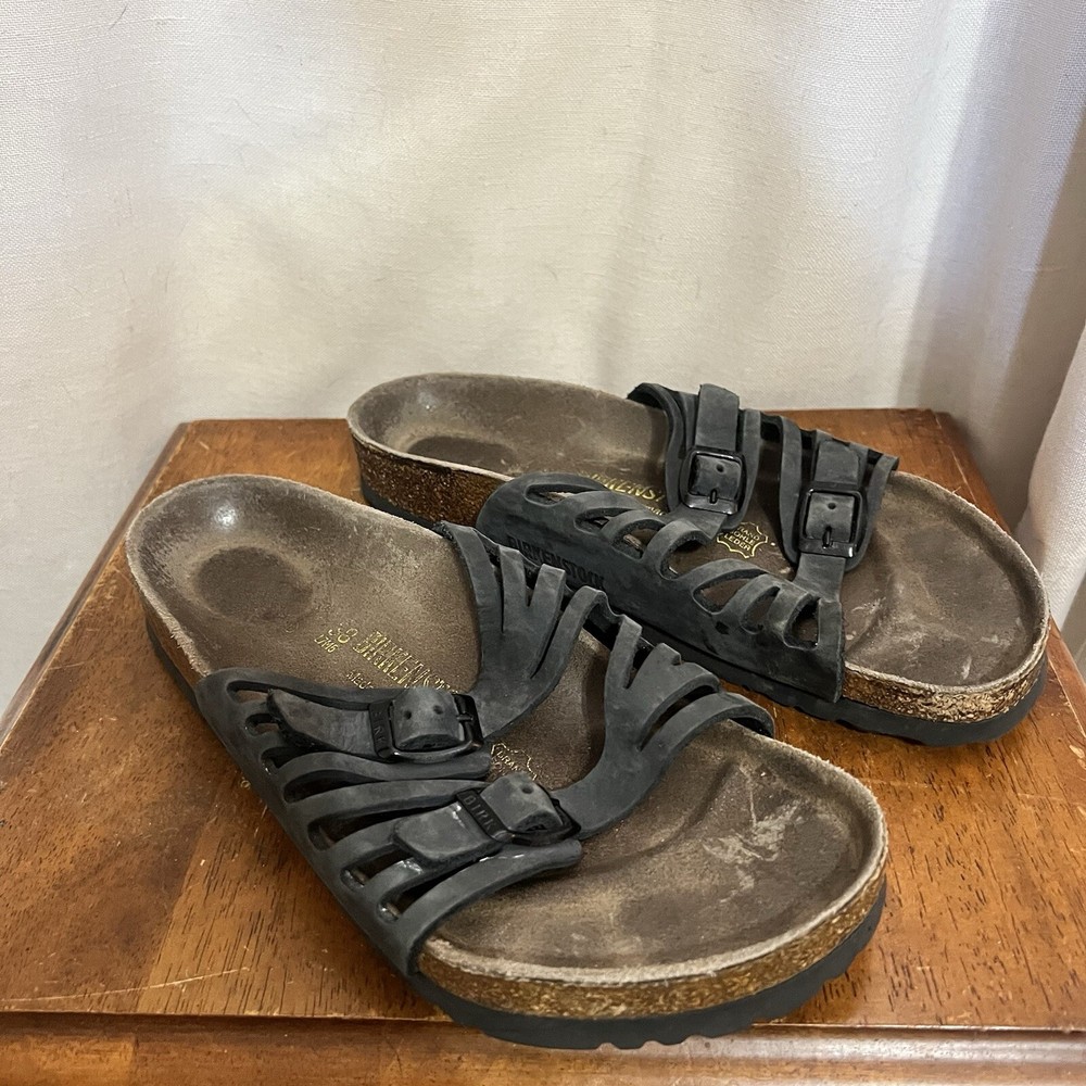 Birkenstock Granada Soft Foot Black Leather Strappy Sandals Slip On Womens Sz 38