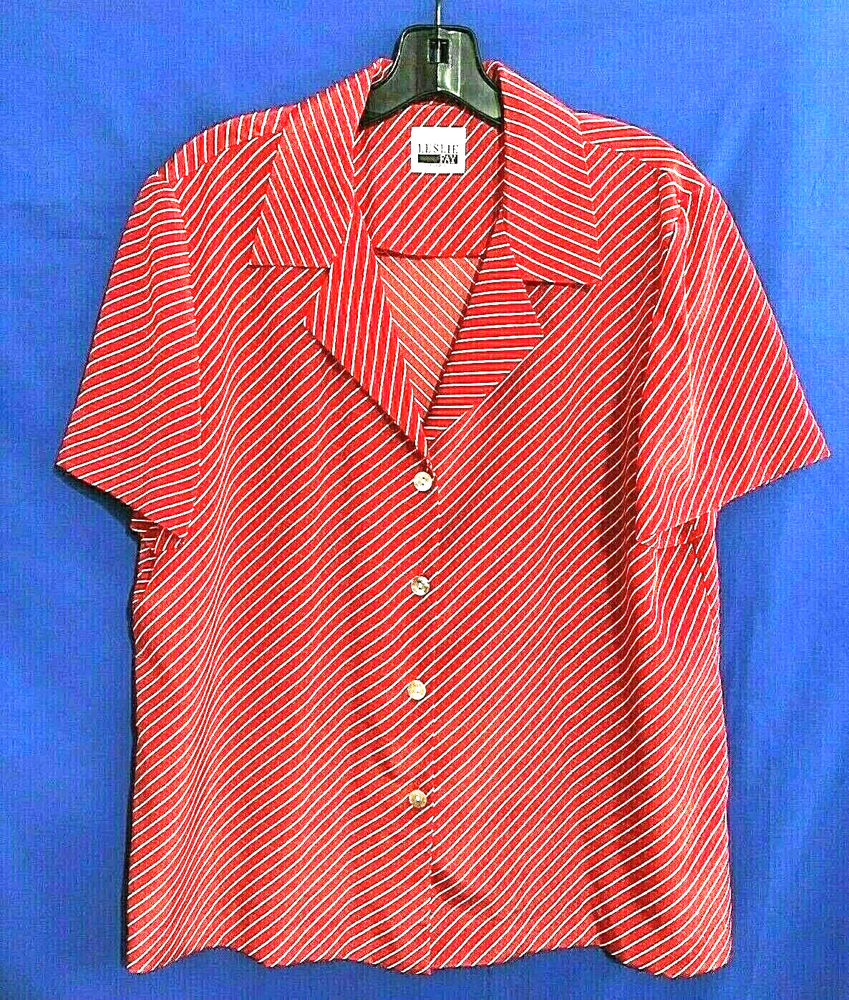 LESLIE FAY Vintage CREPE Button-Up Red/White DIAGONAL STRIPES Shirt/Top Sz L