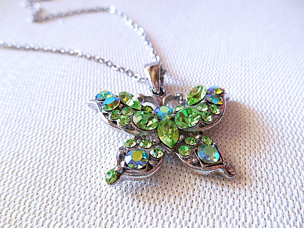Silvertone & Green Rhinestone Butterfly Necklace