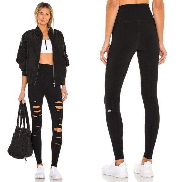 Alo Yoga Black Stretch Knit Ripped Distressed High Rise Leggings | Women's S