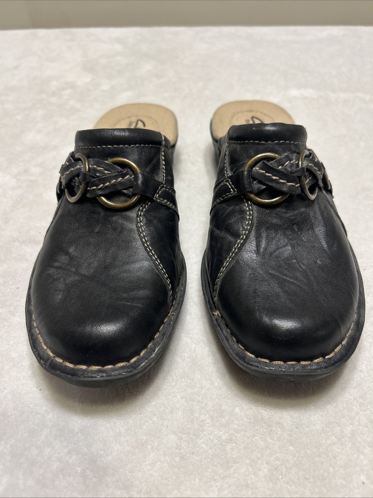 Clarks Shoes Mules Clogs Women’s Size 7 M Black Leather Slip On Wedge Comfort