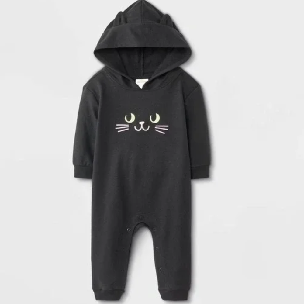 Baby Cat & Jack BLACK CAT Halloween Hooded Romper Size  3/6 mo NWT