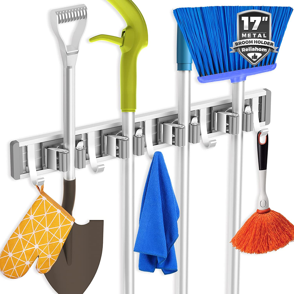 Broom Holder Mop Hanger Wall Mount Organizer with 4 Racks and 5 Hooks for Garage or Storage Space