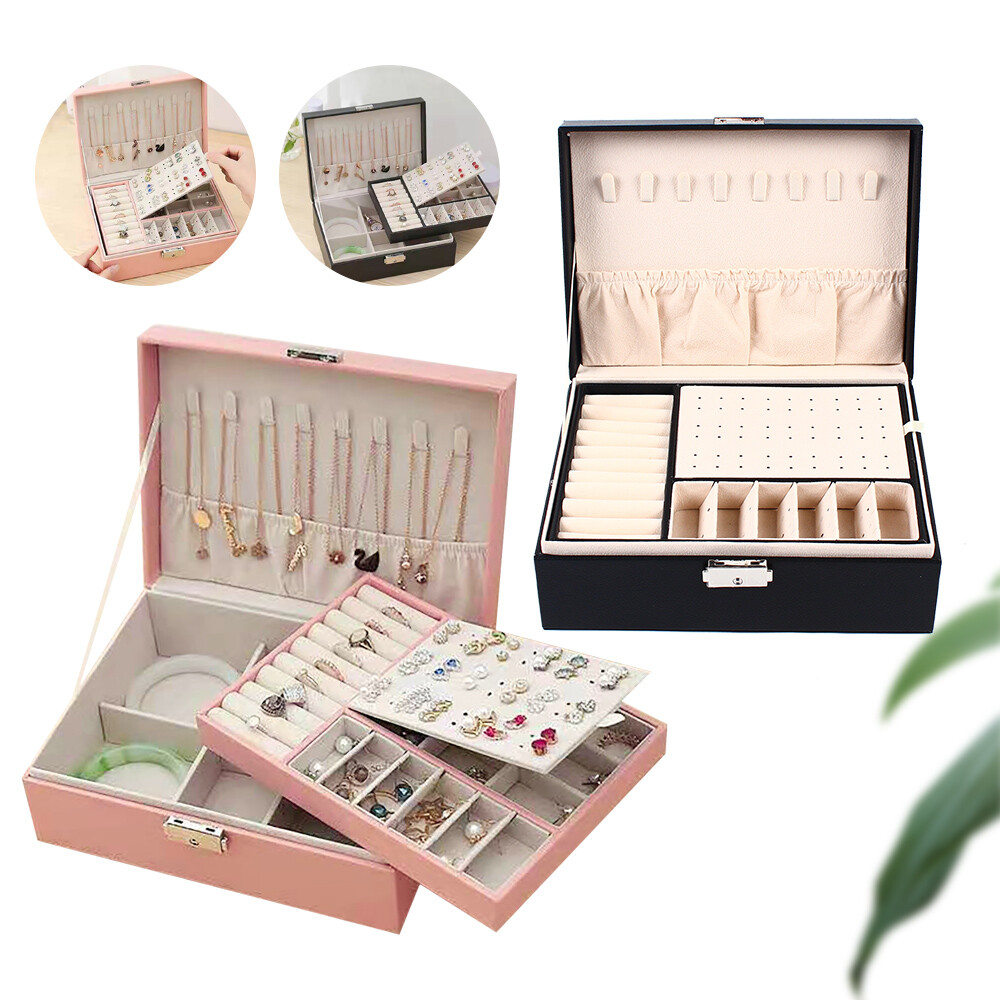 2-Layer Leather Jewelry Box for Necklaces Rings Large Storage Organizer