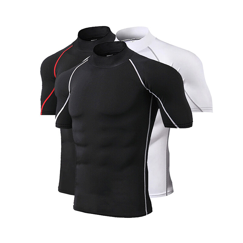 Men's High Neck Base Layer T-shirt Muscle Compression Quick Dry Gym Top Shirts
