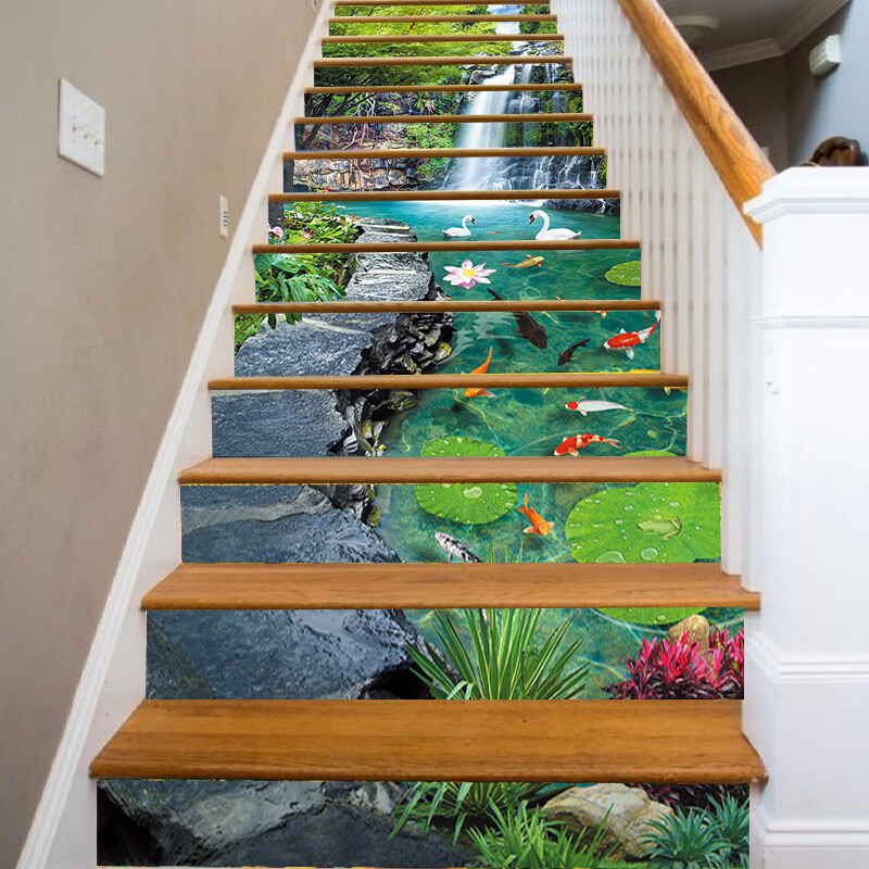 3D Garden Lotus Fish Stair Riser Decals Self-Adhesive Staircase Decor 13pc