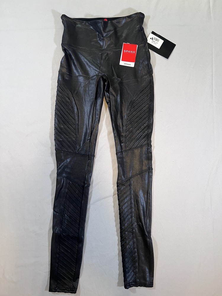 SPANX NEW!! Black Faux Leather Moto Leggings 20136R Size XS