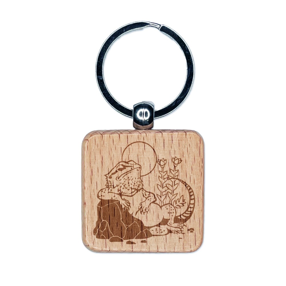 Bearded Dragon Lazy Lizard Wood Engraved Keychain Charm Tag  