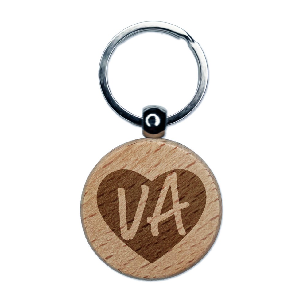 VA Virginia State in Heart Engraved Wood Round Keychain Tag Charm