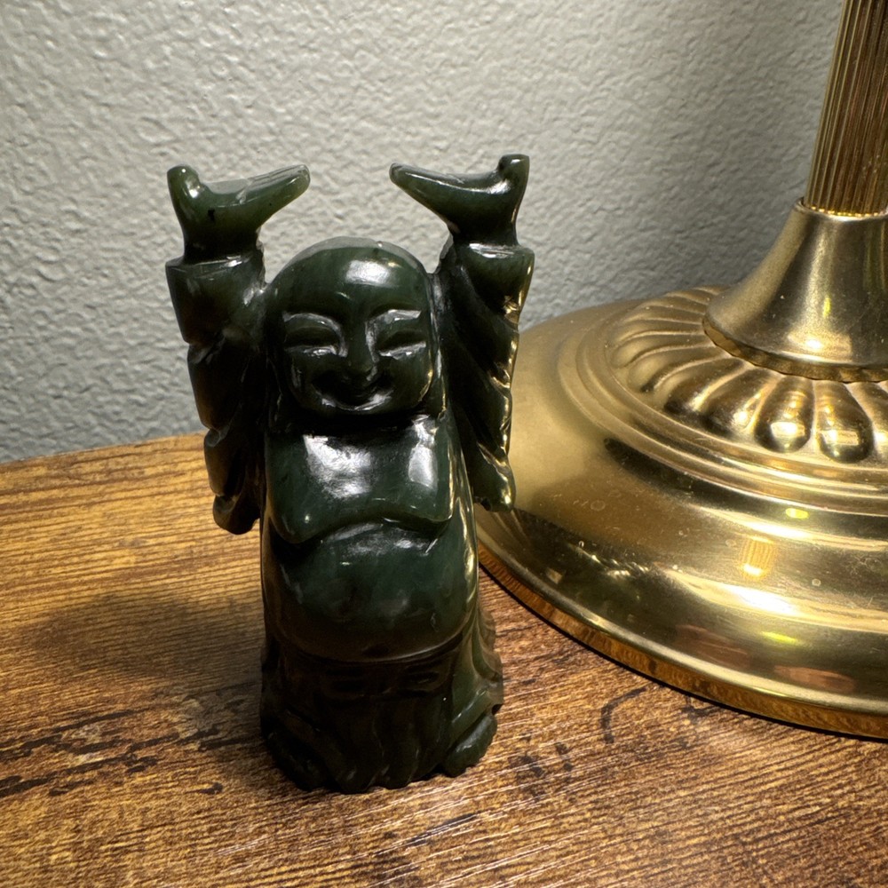 Green Stone Laughing Buddha Statue Spinach Jade (?)