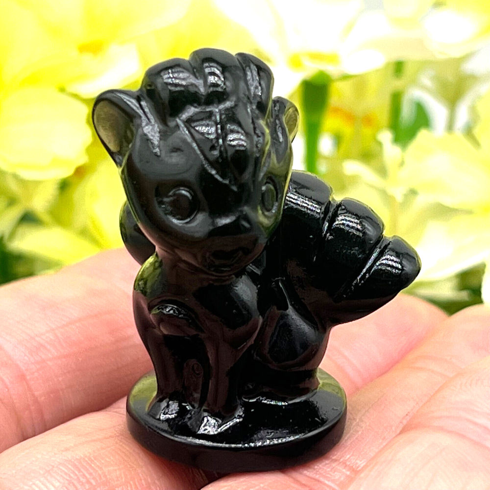 2-Inch Natural Obsidian Quartz Carved Six-Tailed Fox Skull Crystal Healing Stone