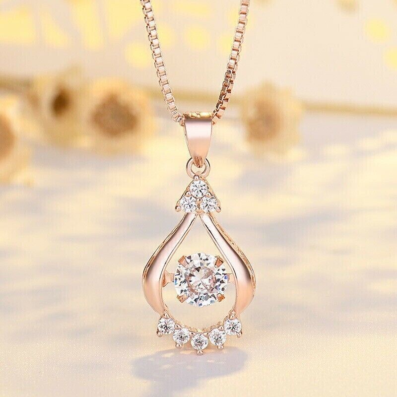 Elegant Women's Rose Gold Plated Simulated Diamond Flower Pendant Necklace