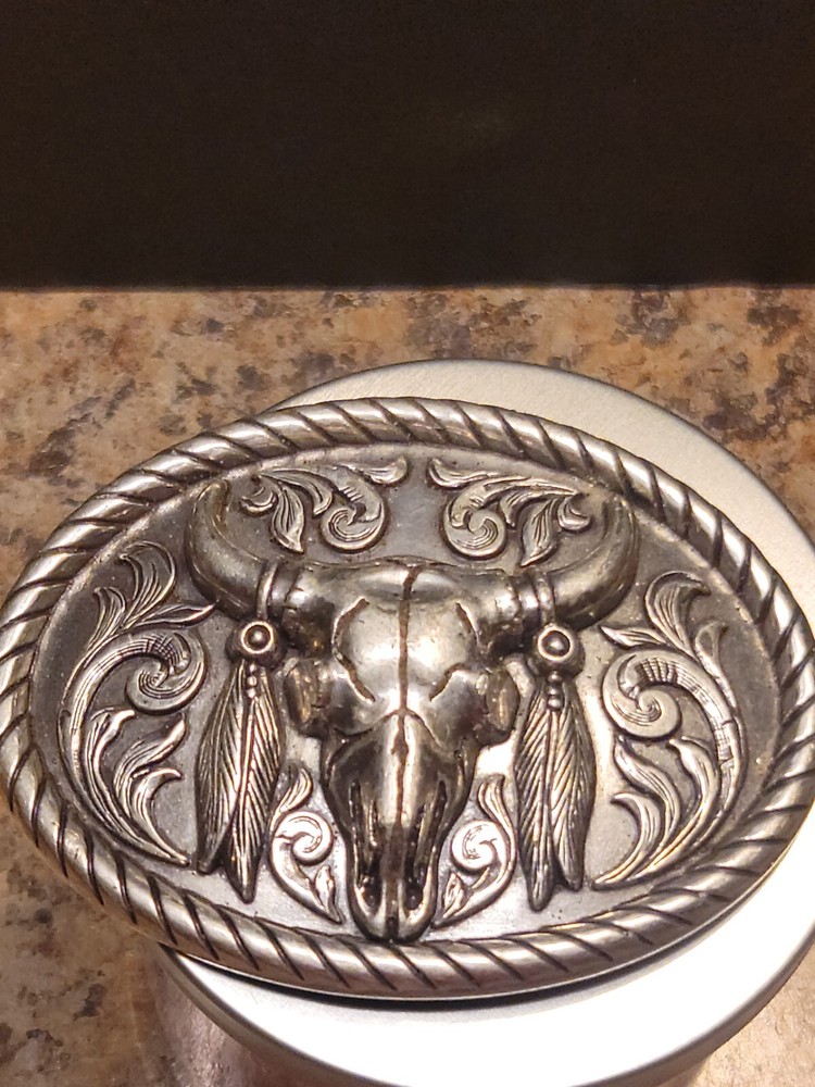 Nocona Western Buckle Oval Steer Skull Floral Antique Silver Tone 37030