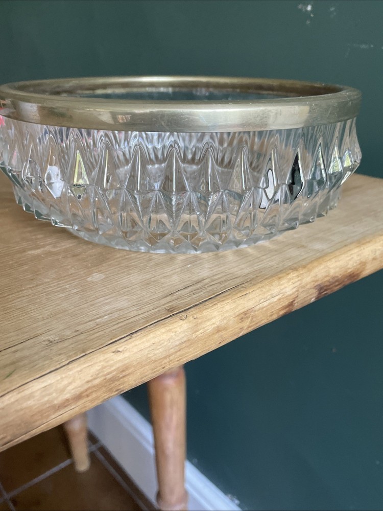 Vintage Trifle / Fruit Bowl - Glass ?Lead Diamond Crystal? Bowl Gold Rim EPNS