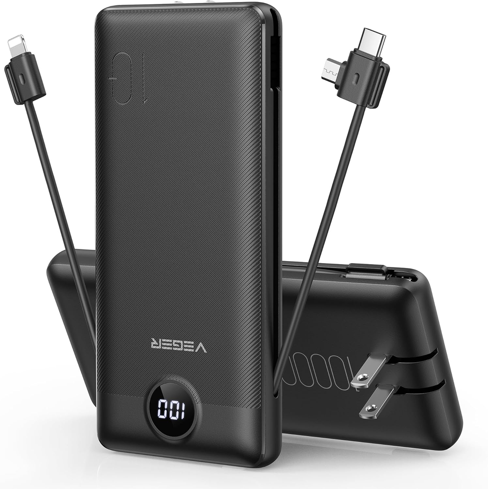 10000mAh Slim Portable iPhone Charger with Built-in Cables & Wall Plug