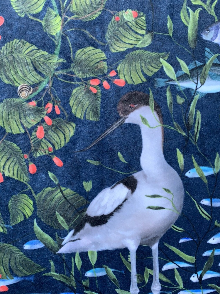 Herons Printed Velvet Fabric Dark Green Blue Fishes Home Upholstery Furnishings