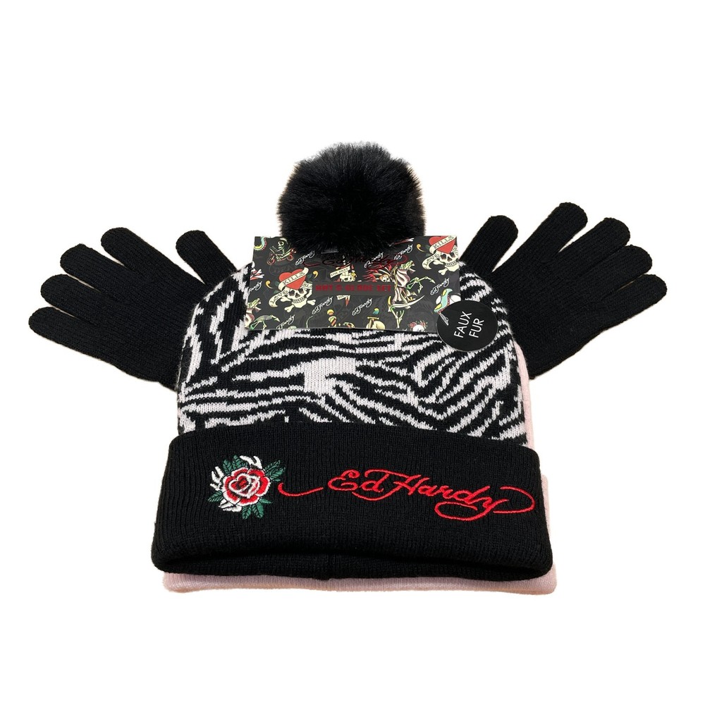 Ed Hardy Beanie Hat Gloves Set Zebra Pink Skull Rhinestone Faux Fur Pom Pom Lot