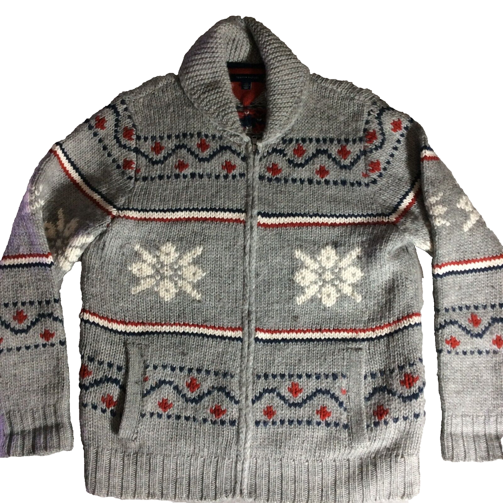 VTG Tommy Hilfiger Men’s Gray Snowflake Cable Knit Wool Sweater Size L Holiday Style