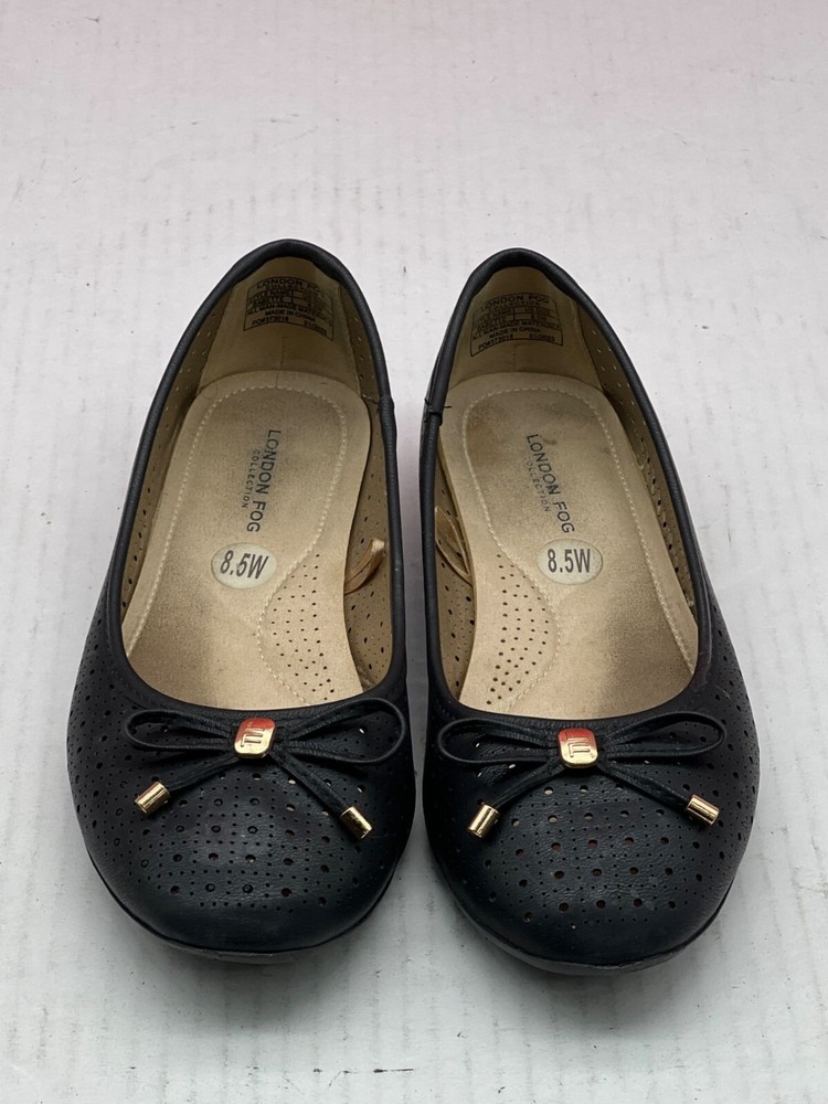 London Fog Womens Black Perforated Ballet Flats W/ Bow Accent Size 8.5W