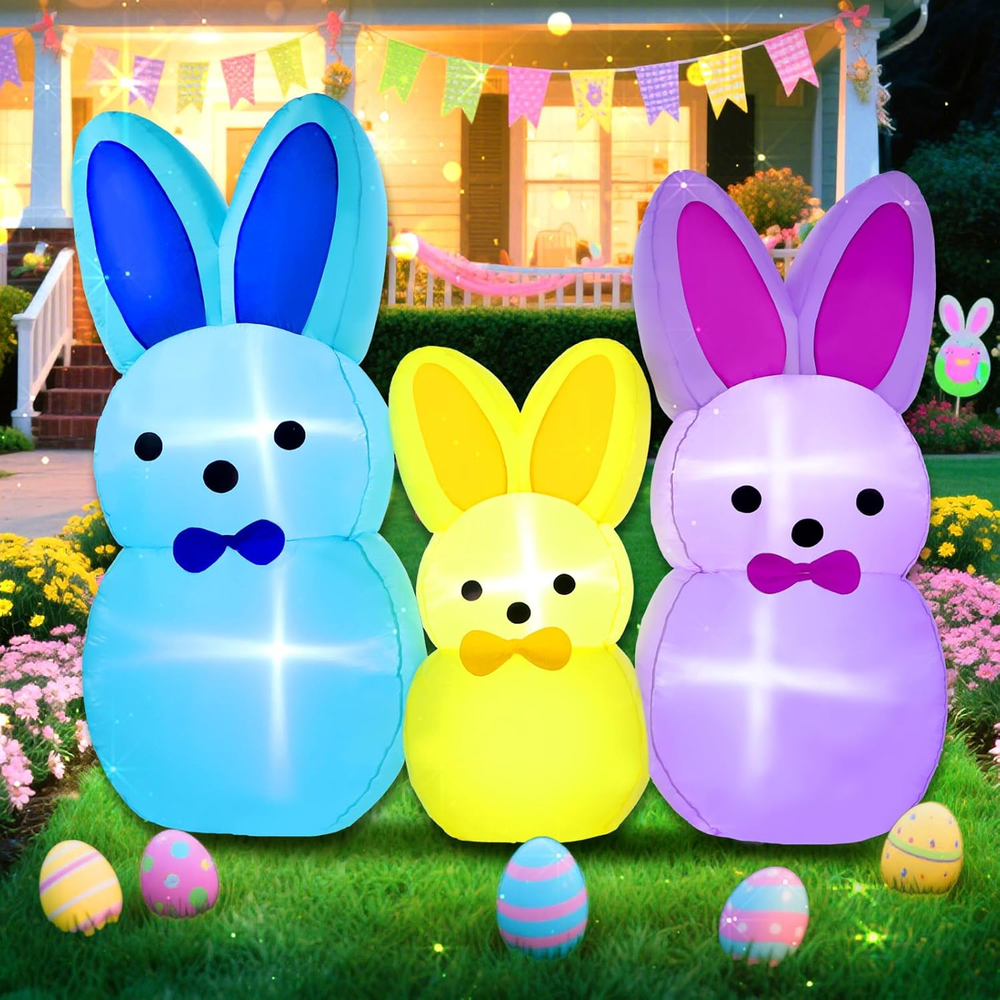 7FT Easter Bunny Inflatables Outdoor Yard Decoration LED Lighted Blow up Colorfu