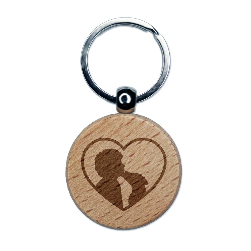 Dog Licking Boy's Face Heart Love Engraved Wood Round Keychain Tag Charm