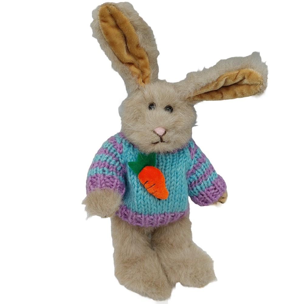 Chrisha Playful Plush Brown Bunny Rabbit Knitted Carrot Sweater 1988 Stuffed