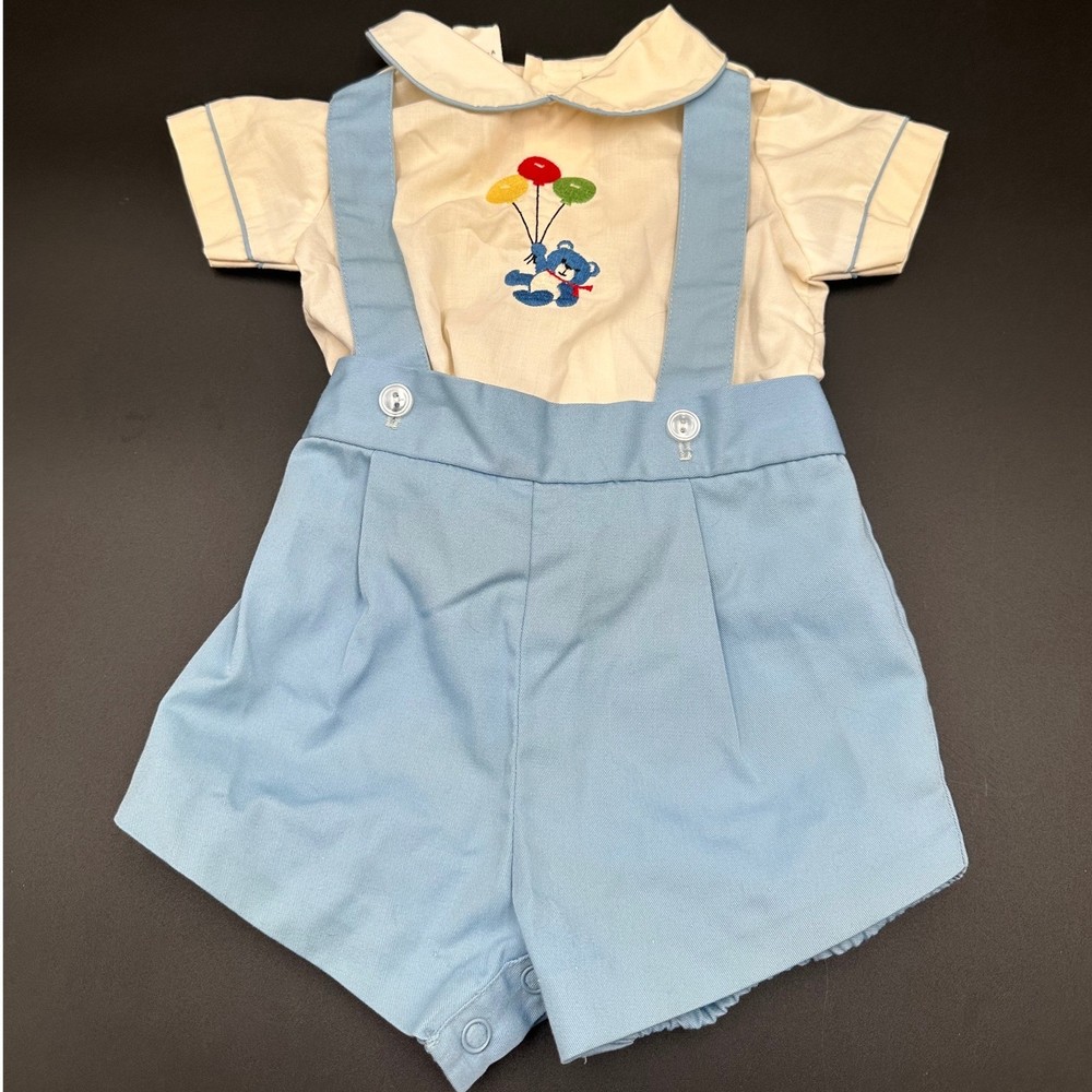 Vintage Baby Overalls Top Set Embroidered Bear Balloons Blue Cream Infant