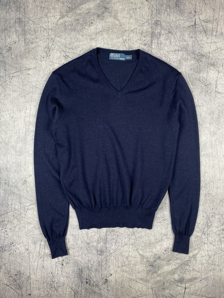 Polo Ralph Lauren Men's Navy Blue V-Neck Sweater Merino Wool Silk Cashmere Sz S