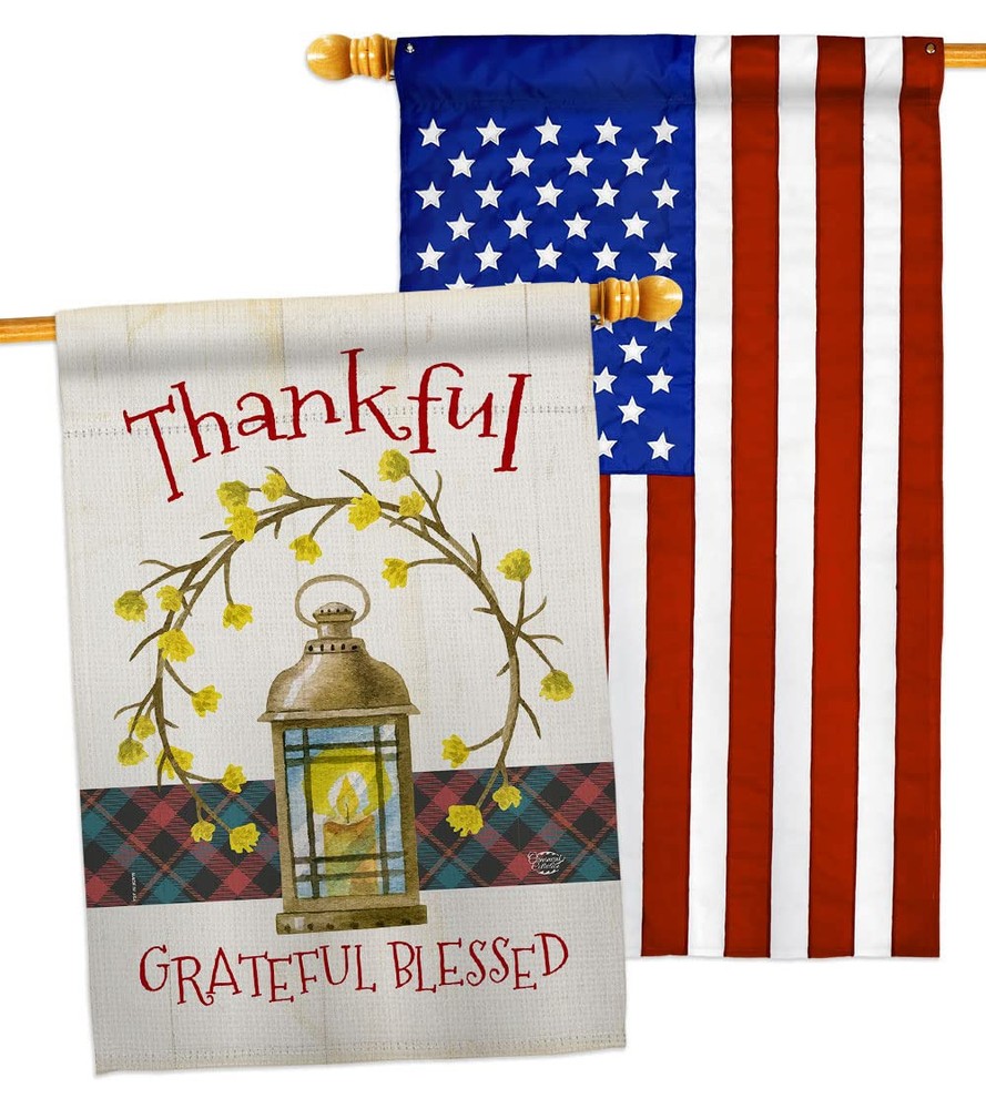 Thanksgiving Wreath House Flag with Fall Turkey Gobble Pumpkin Design