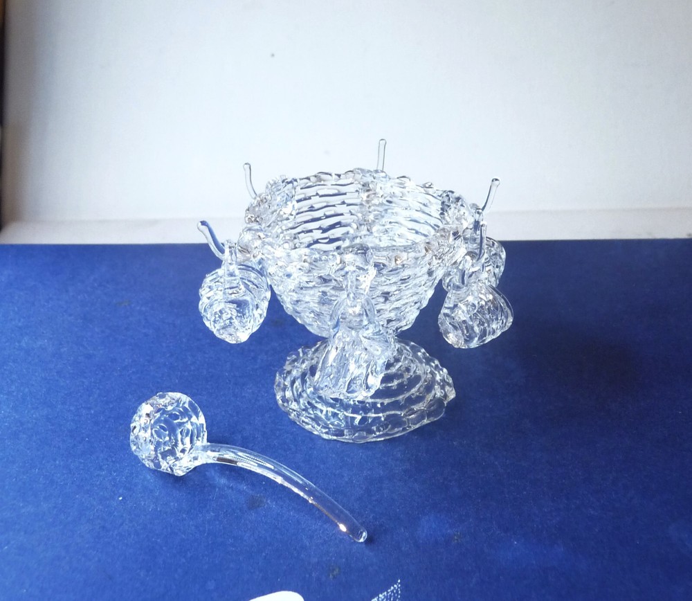 Vintage Miniature Hand Spun Blown Glass Punch Bowl Ladle 6 Cups Set Dollhouse