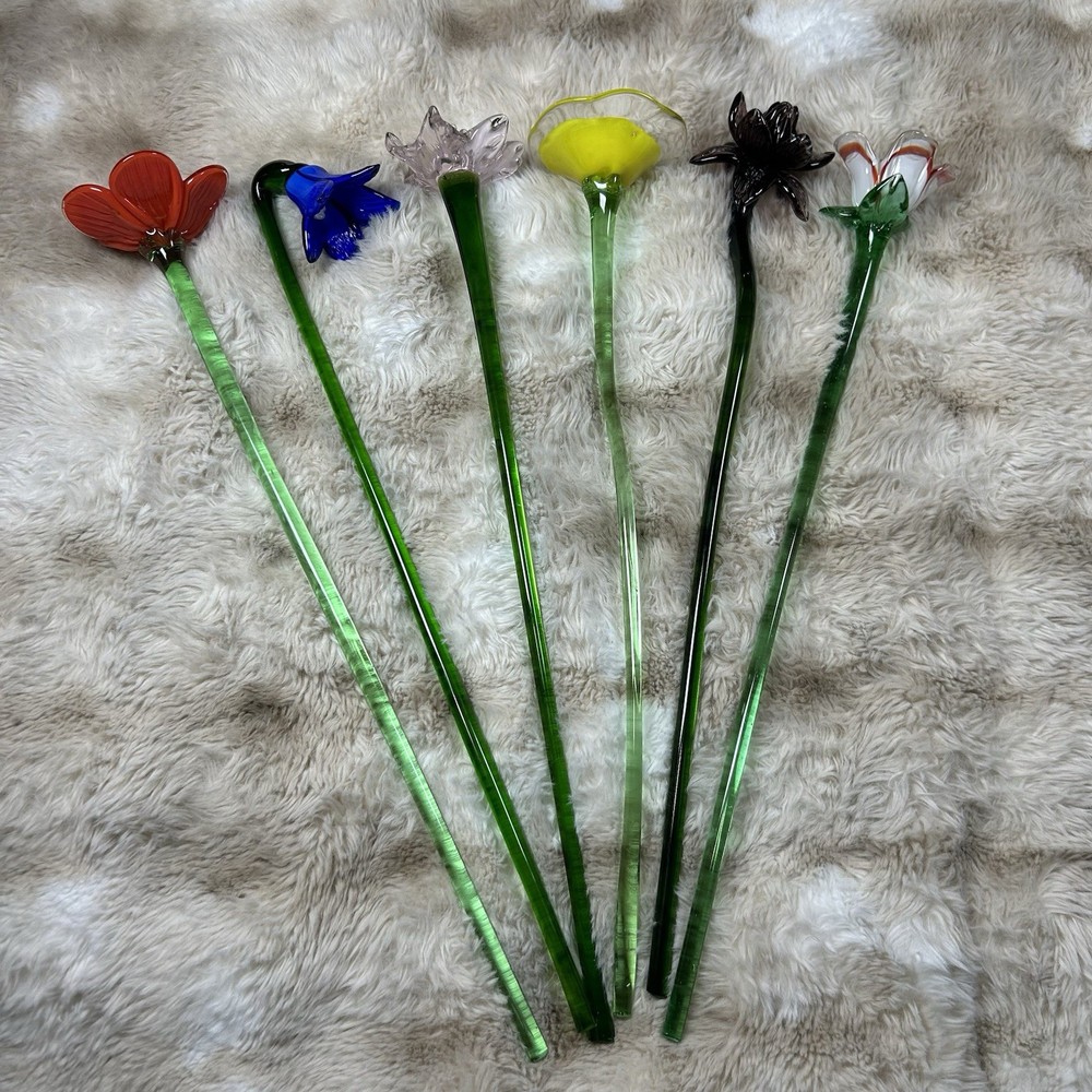 Vintage Set of 6 Murano Style Glass Long Stem Flowers Bouquet Hand Blown 18-20in