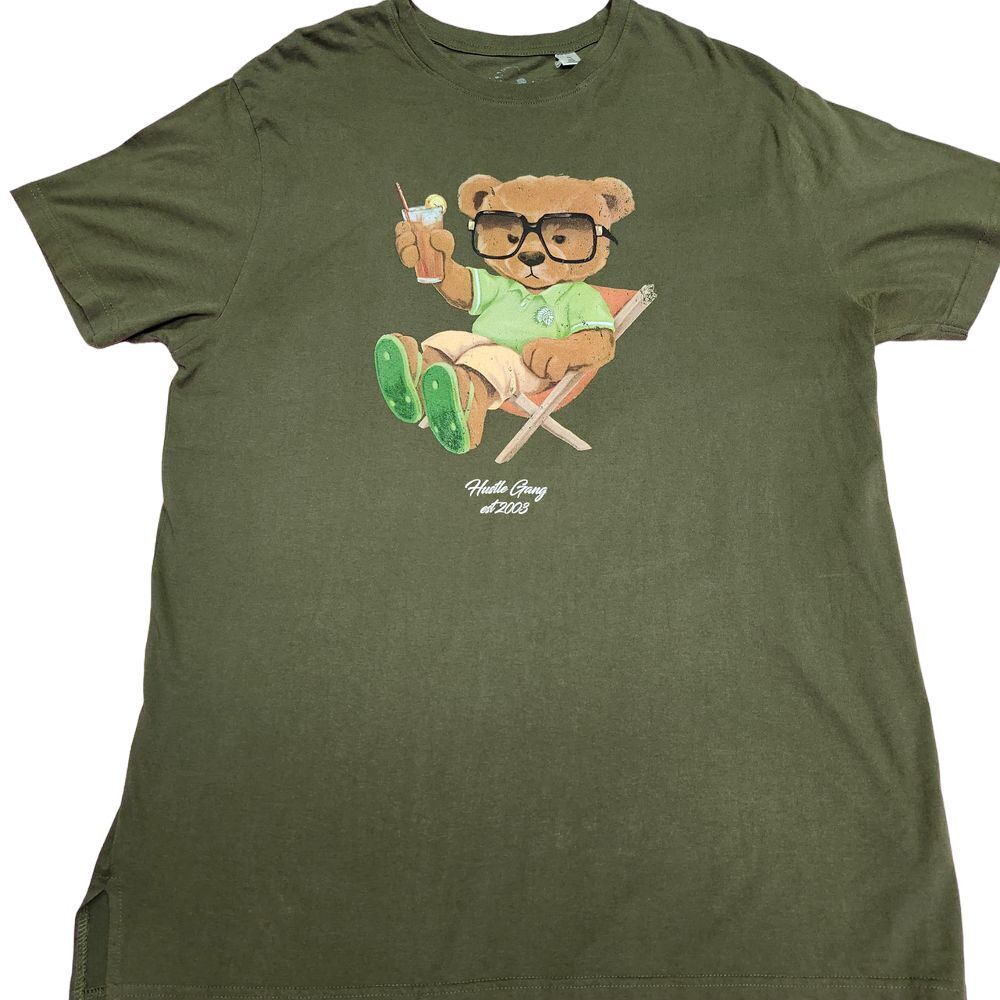 Hustle Gang Relaxed Bear Graphic T-Shirt Olive Green Casual Streetwear