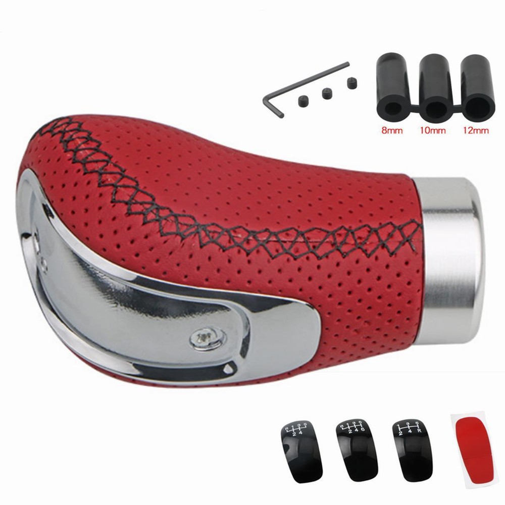 Red 5/6 Speed Car Gear Shift Knob Leather Manual Shifter Lever With 3 Cap Cover