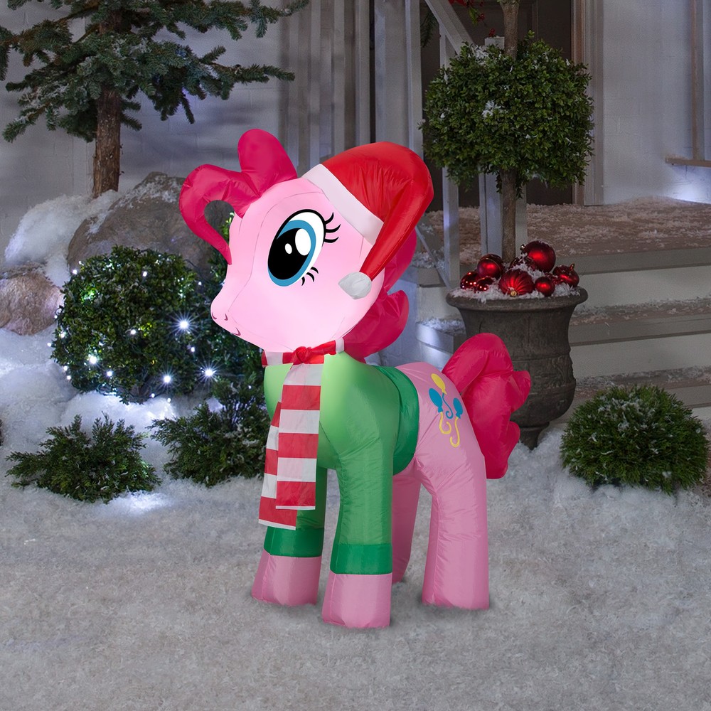 Inflatable Pinkie Pie Christmas Decor with Santa Hat and Green Base  