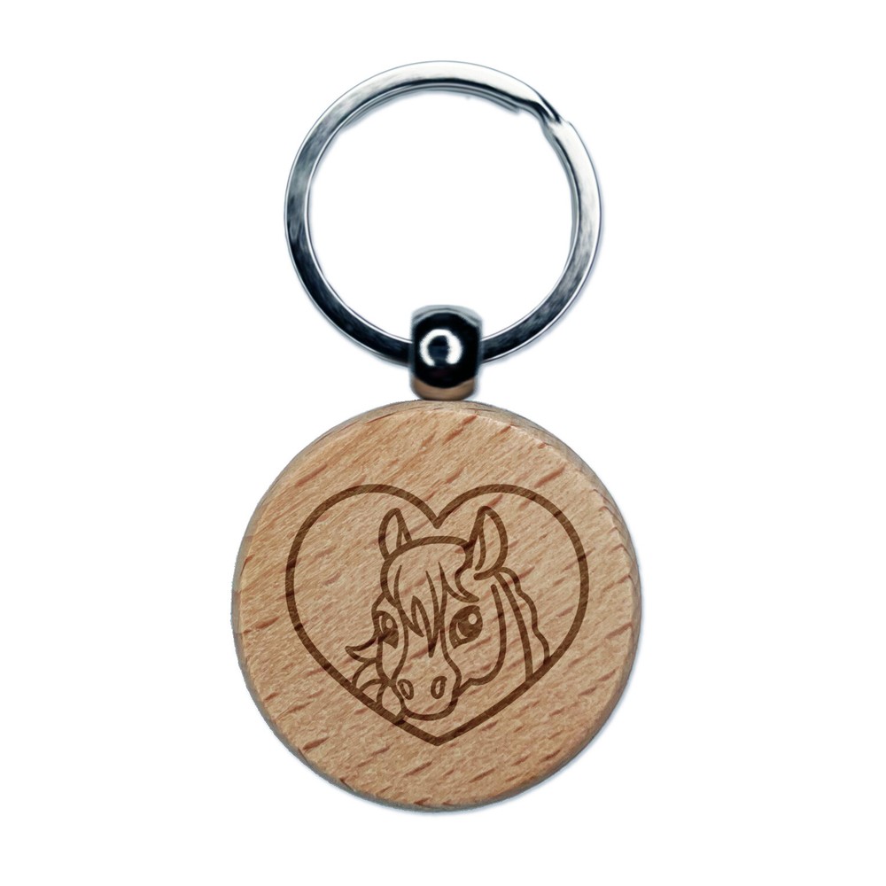 Heart Engraved Wood Keychain with Horse Charm